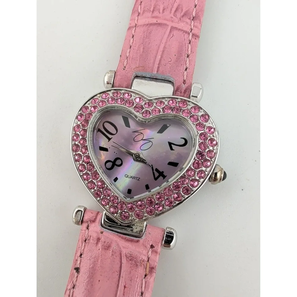 Suzanne Somers Womens Watch 29mm MOP Heart Shaped Dial Pink Leather New Battery